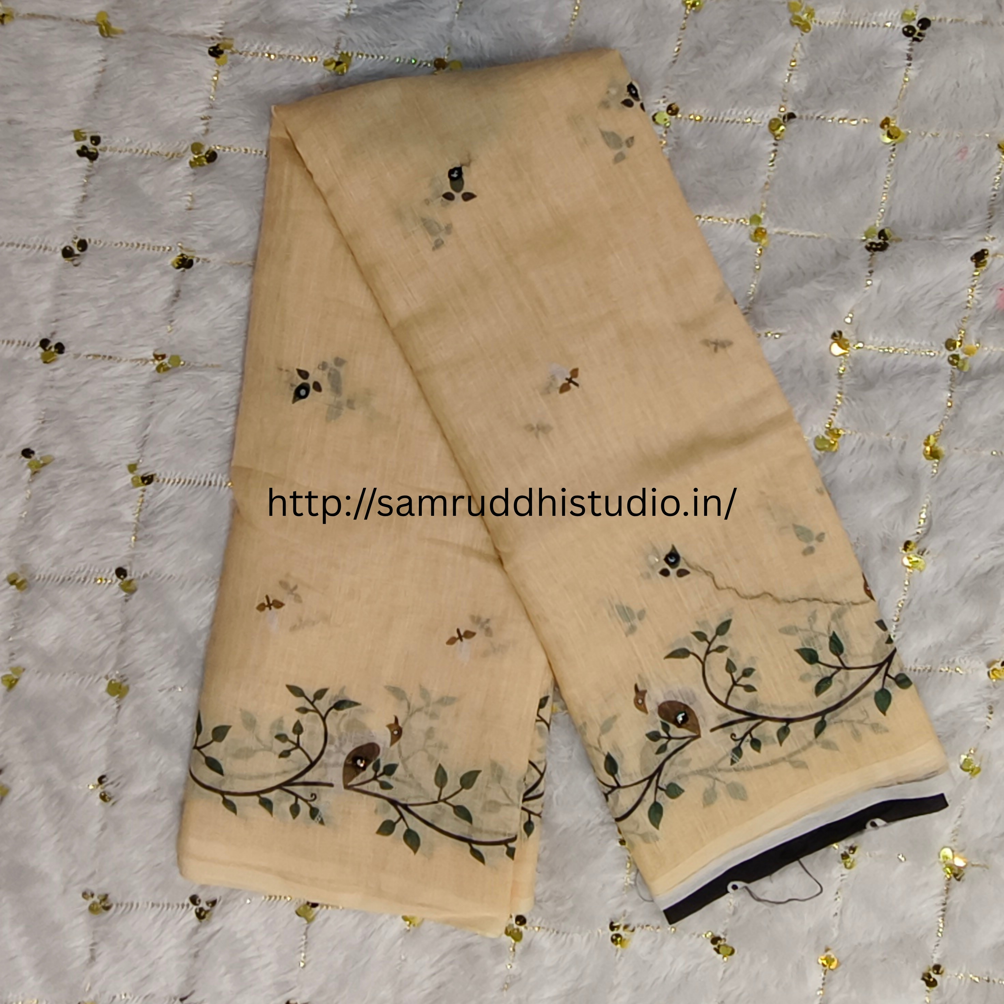 LINEN SAREE WITH MIRROR WORK
